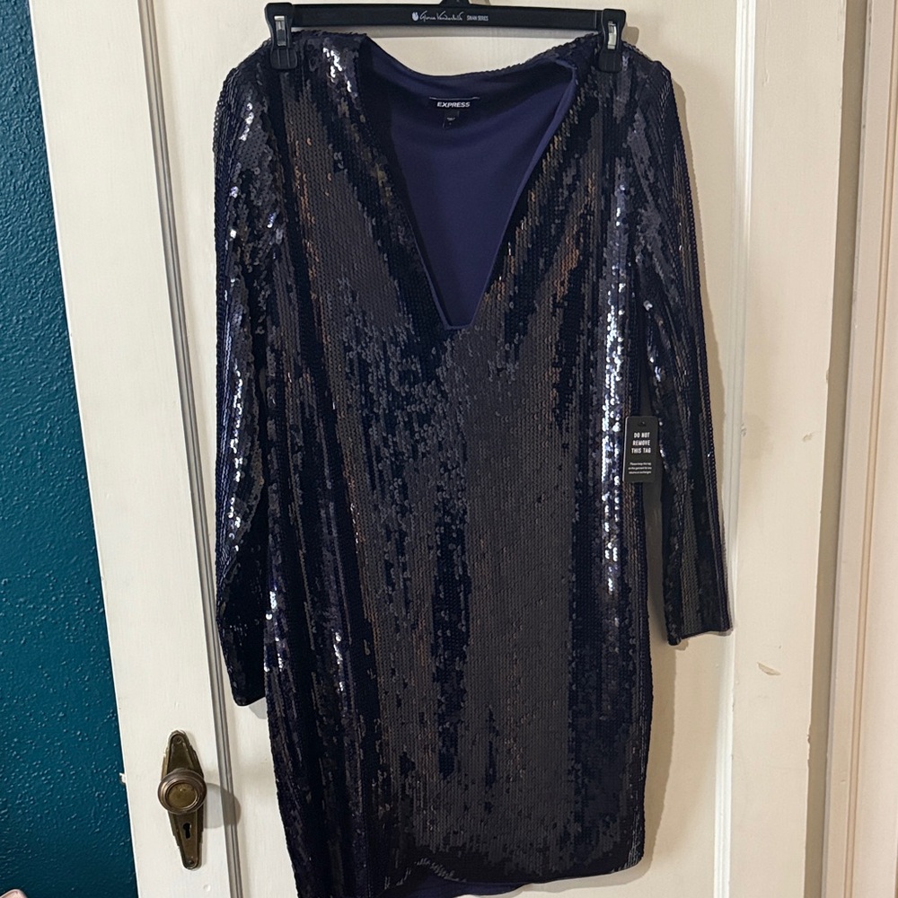 Express Sequin Long Sleeve Dress - Dark Blue